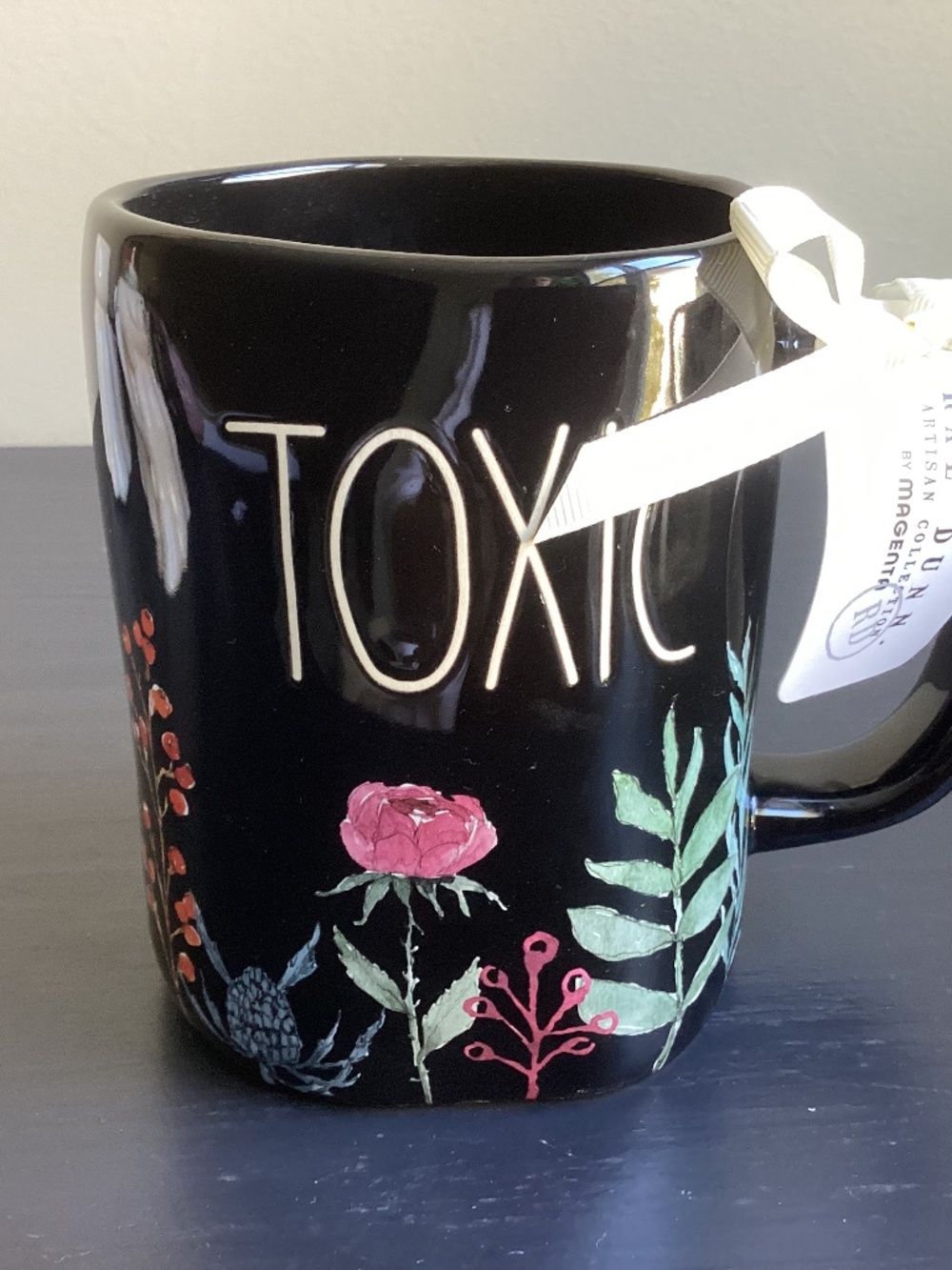 NWT Rae Dunn Black Glossy “Toxic” Coffee Mug Floral Design 16oz